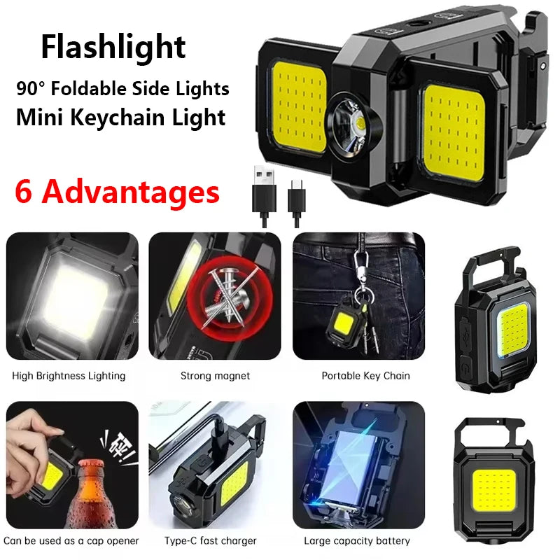 Flashlight Mini Keychain Light COB Work Light USB Rechargeable Lamp with 90° Foldable Side Lights Super Bright Portable Lanterns