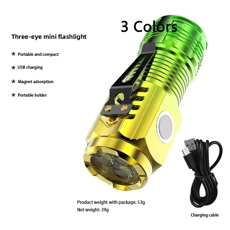 Ultra Powerful Flashlight 3 Core LED Mini Tactical Flashlight USB Rechargeable High Power LED Torch With Magnet Hand Lamp Gift