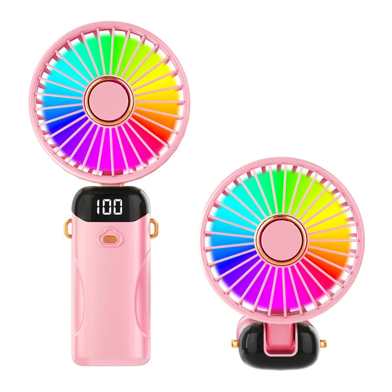 1200mAh Handheld Mini Fan Foldable Portable Neck Hanging Fans 5 Speed USB Rechargeable Fan with Phone Stand and Display Screen