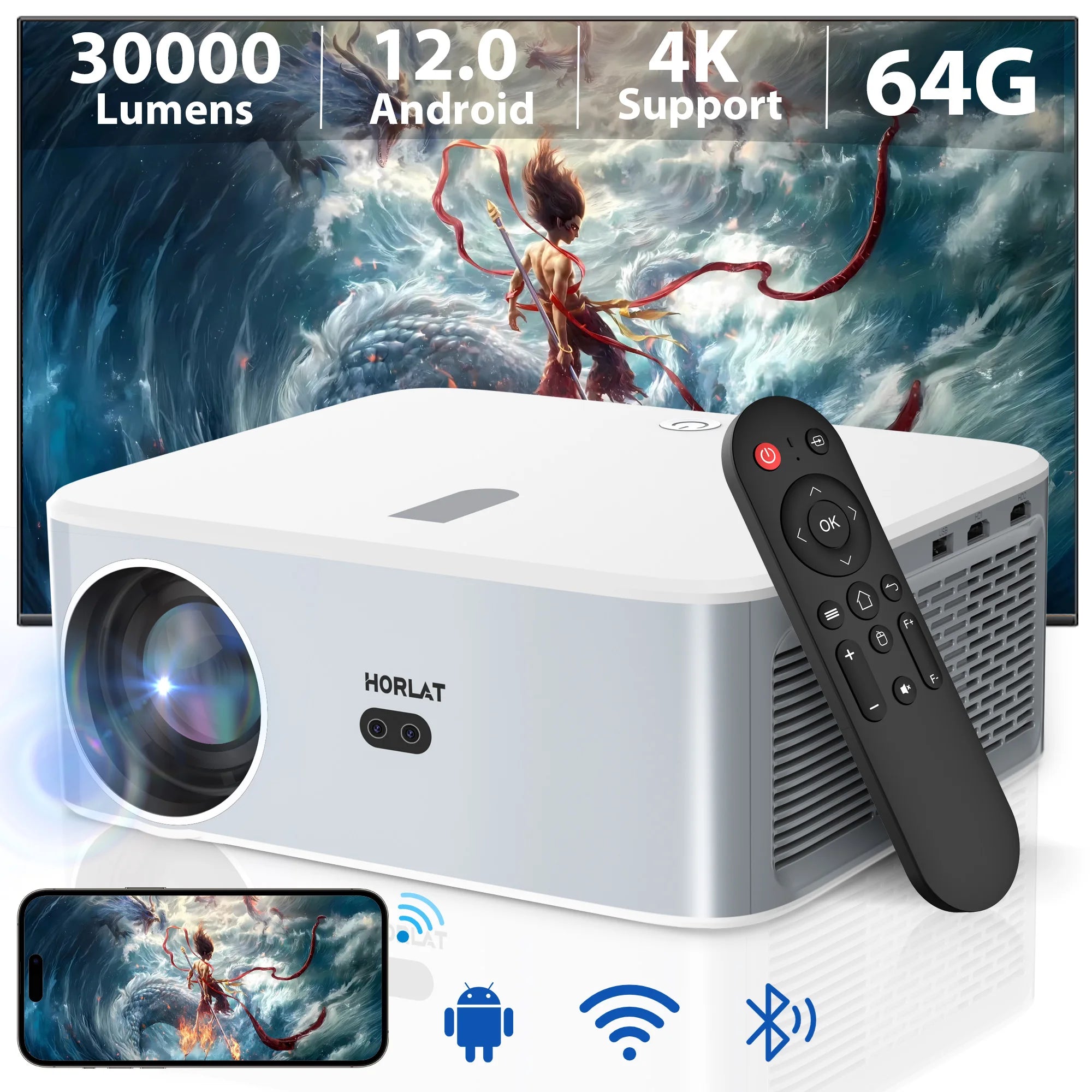 HORLAT 30000Lumens Android12 4K Decode Outdoor Projector Full HD 1080P Video 3D Home Theater Keystone 5G WiFi Portable Proyector